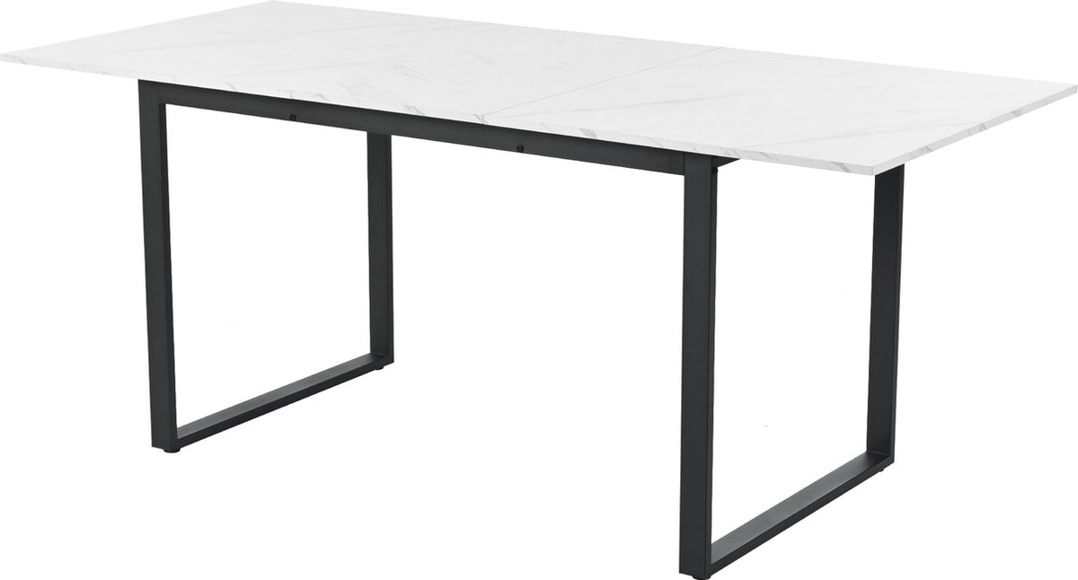 Merax Uitschuifbare Eettafel - 140 tot 180x80x75 cm - Wit MDF Tafelblad met Marmerlook en Zwarte Metalen Poten