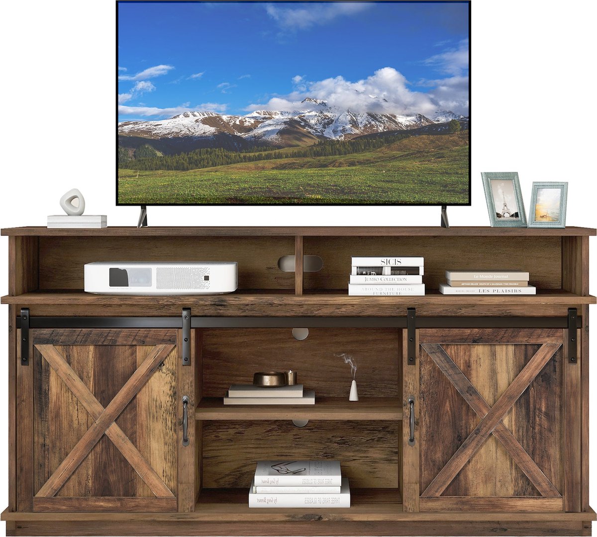 Merax TV Meubel 148 cm – Schuifdeuren – Rustiek Bruin – 8 Vakken – tot 65 inch