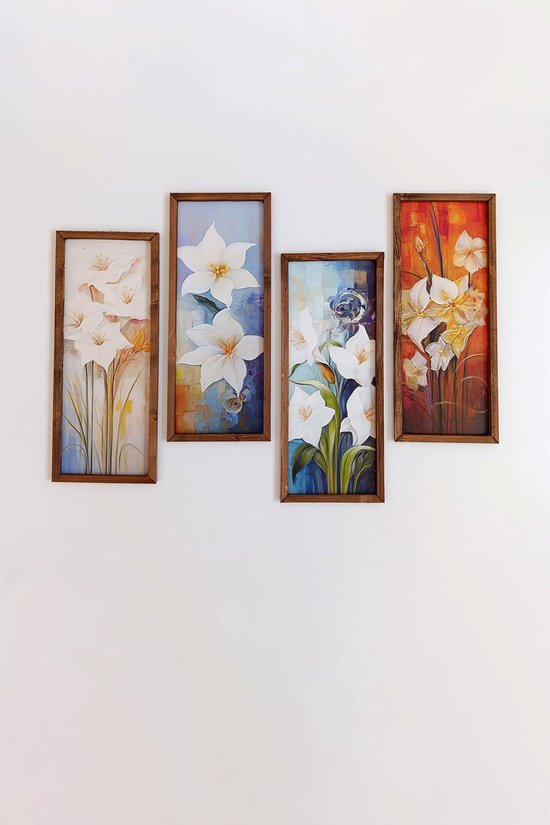 Houten Ingelijste Witte Bloemen Eenvoudige Stijlvolle Schilderijenset, Hal Muurdecoratieset, 4 Stuk 50x20 cm