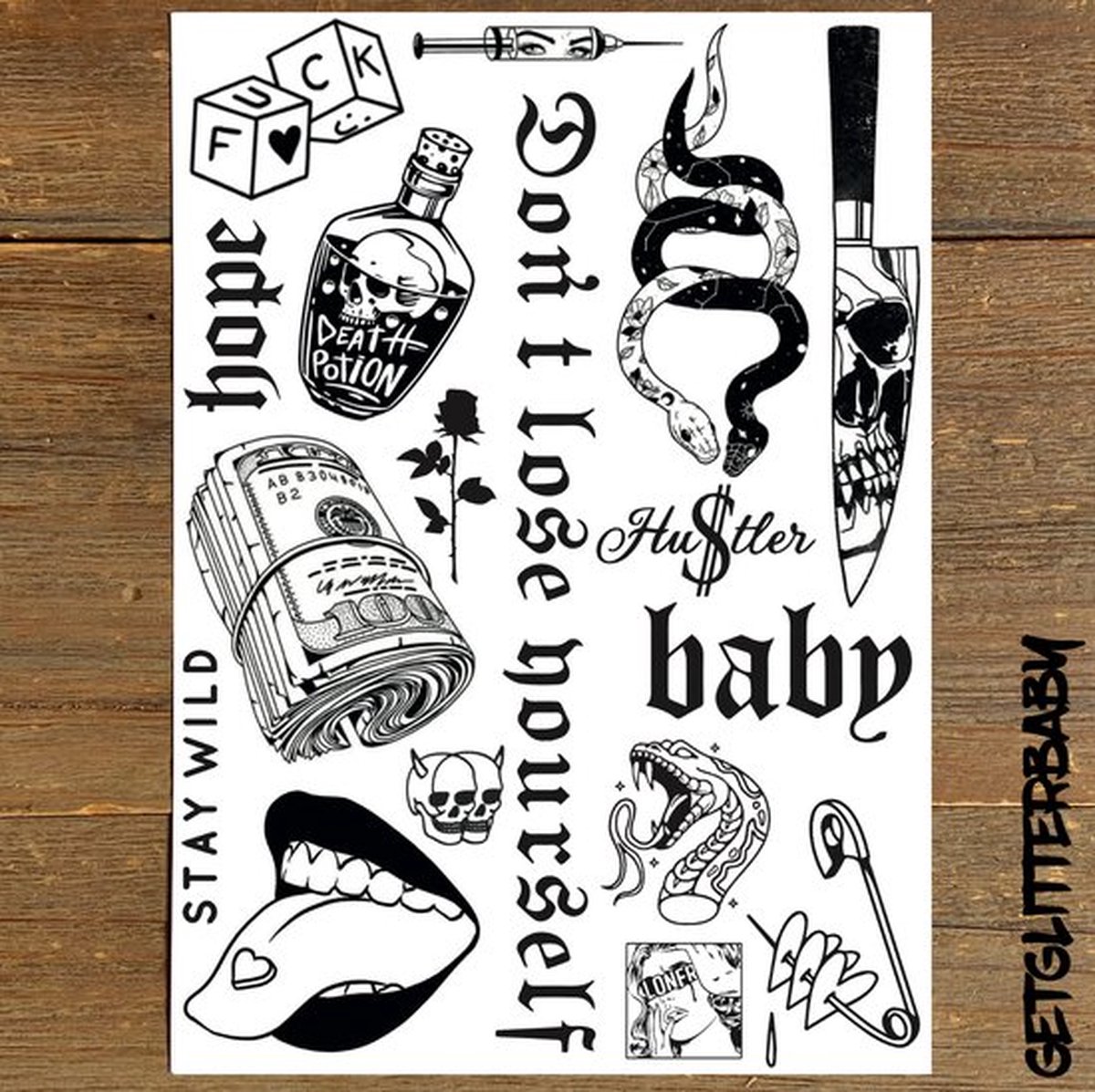 GetGlitterBaby® - Stoere Tattoos / Tijdelijke Tattoo / Henna Plak Nep Tatoeage voor volwassenen / Festival Tattoes / Fake Temporary Halloween Tattoo
