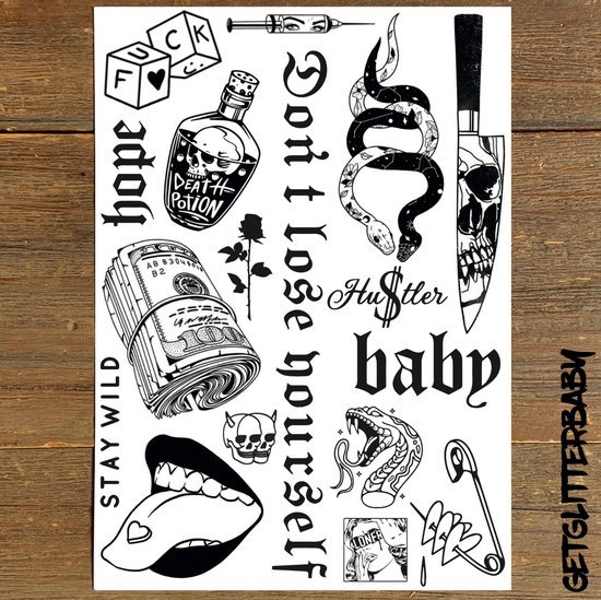 Sheet met tijdelijke tatoeages: dobbelstenen, flesje 'Death Potion', slang, mes, geld, roos, schedels, mond met tong, veiligheidsspeld.