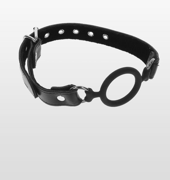 Zwarte lederen open ring gag met verstelbare band en zilverkleurige gesp.