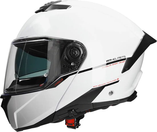 Witte MT Helmets Atom II systeemhelm, met doorzichtig vizier, zwarte accenten en ventilatie.