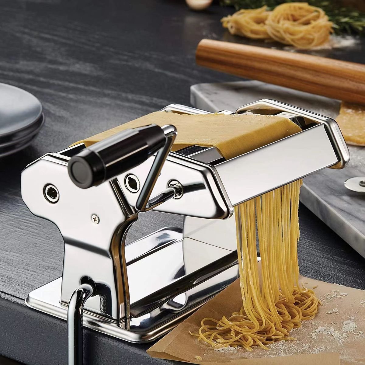 Pastamachine RVS - Spaghetti Machine - met Tafelgreep -verstelbaar 6 diktes- 21.5x21.5x15 cm