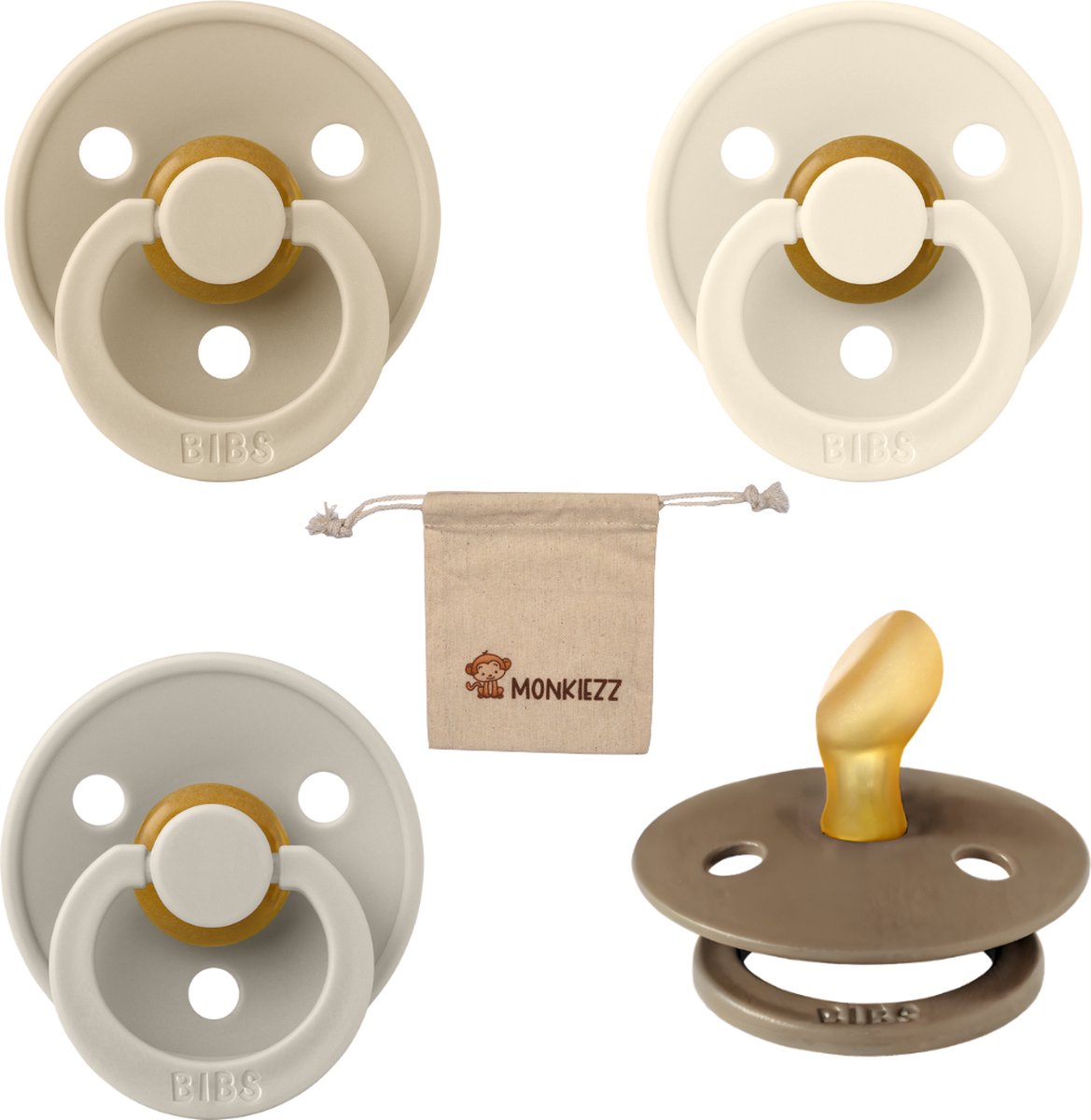 Goedkoopste Bibs Dental fopspenen Anatomical 0-6 maanden- Set 4 stuks- Vanilla, Ivory, Sand, Dark Oak Monkiezz speenzakje - orthodontisch- Anatomisch- Maat 1