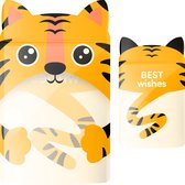 Twee tijger-vormige zakjes, één groot en één klein. Het grote zakje is leeg.