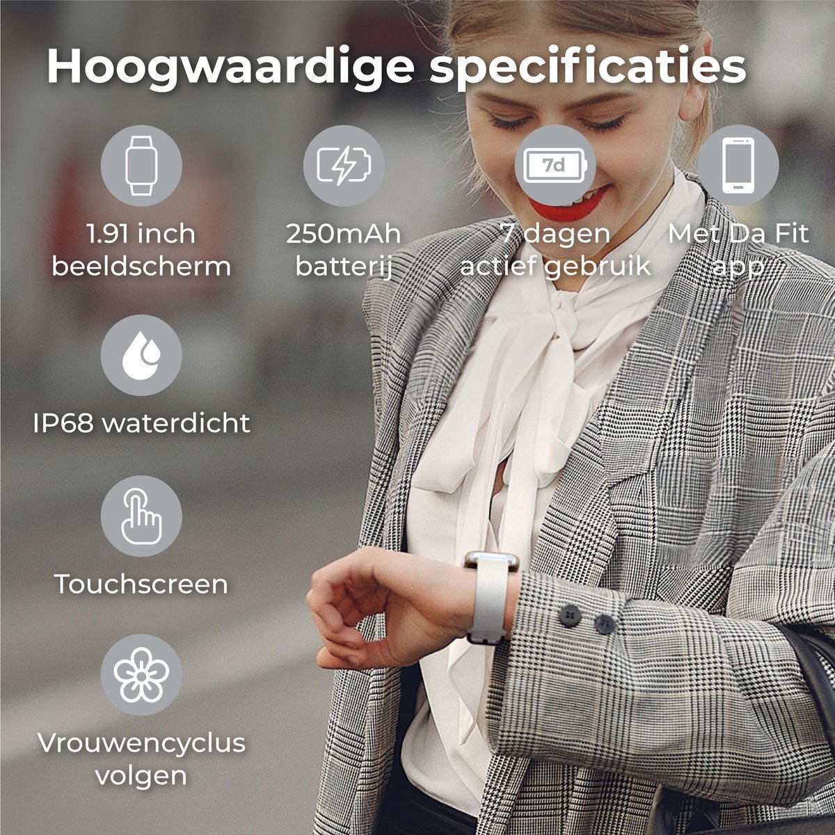 Afbeelding 2 van Nuvance Smartwatch Heren & Dames met Bluetooth - IP68 Waterdicht - Geschikt voor alle Smartphones - Stappenteller en Hartslagmeter - Wit