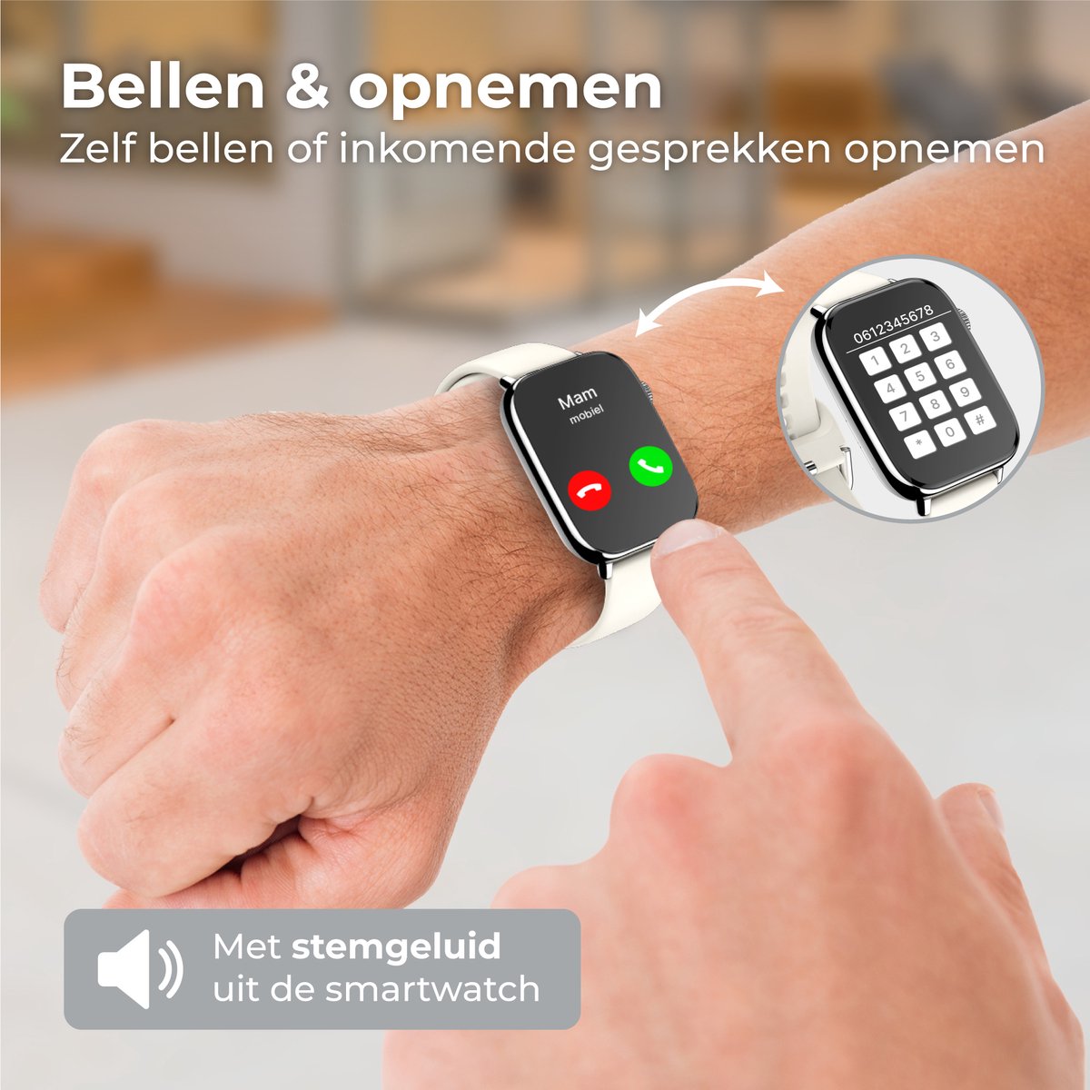 Afbeelding 3 van Nuvance Smartwatch Heren & Dames met Bluetooth - IP68 Waterdicht - Geschikt voor alle Smartphones - Stappenteller en Hartslagmeter - Wit