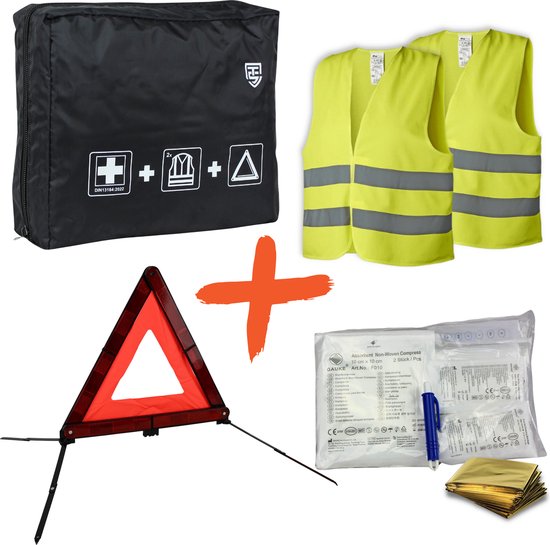Set de sécurité automobile 5 pièces avec sac - Pack En sécurité sur la route - Triangle de présignalisation - Trousse de premiers secours - Gilets de sécurité - Pince à tique