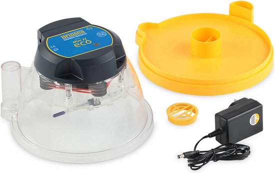 Brinsea Mini II ECO broedmachine, gele onderdelen, transparante kap en adapter.