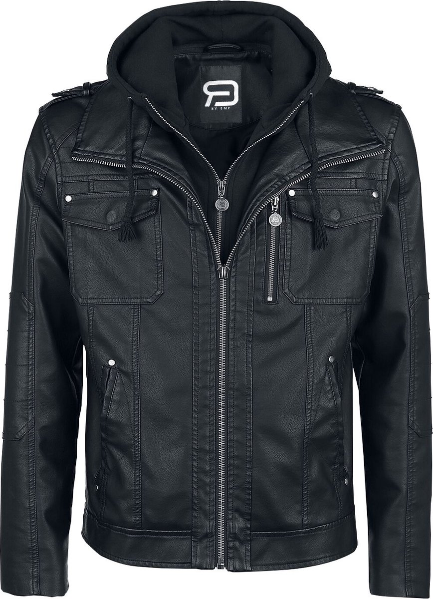 R.E.D. Rock-Engineered Design Zwarte imitatieleren jas met sweatinzet - Heren - 3XL