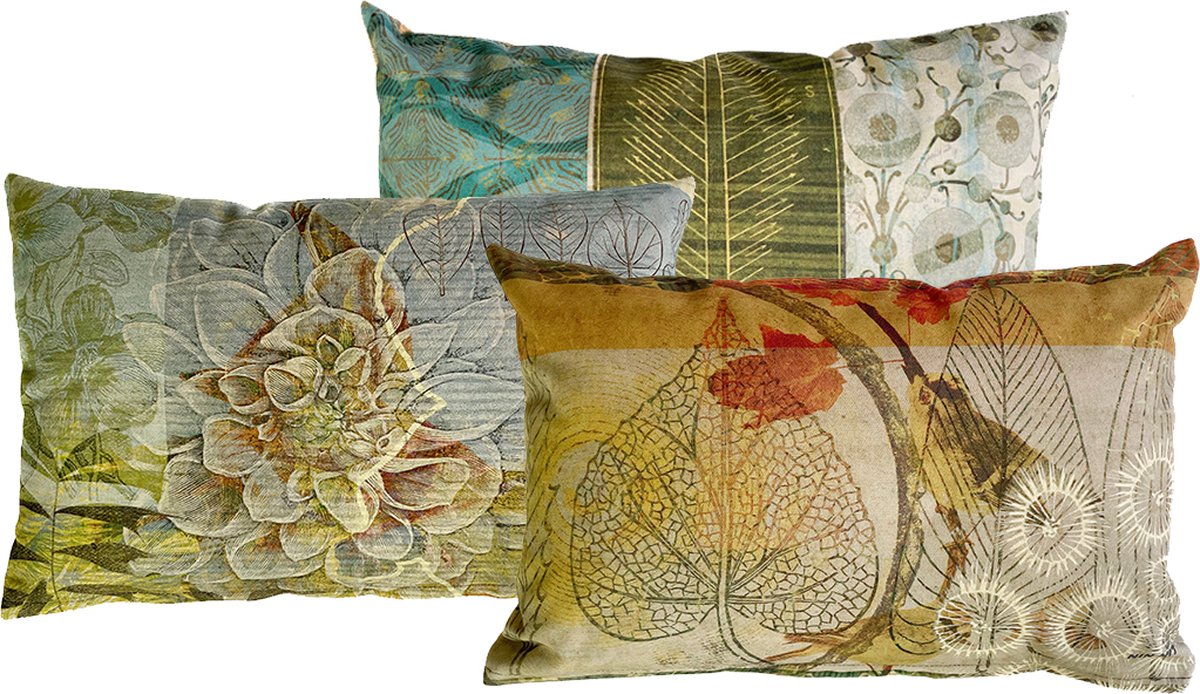 NIN-NIT - Nature Art kussenset -3 kussens - sierkussens met natuurprint - bloemen - bladeren - velvet - bruin - oranje - geel - blauw - groen - beige - wit - oker - rood - multicolor - 40x60 cm