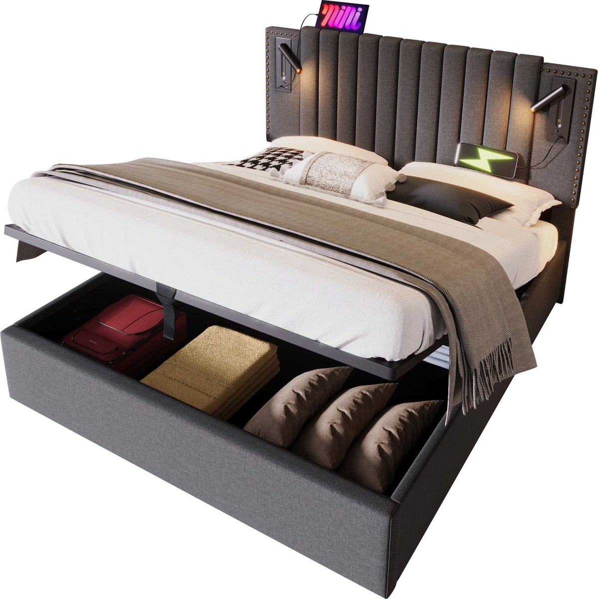 Merax Gestoffeerd Bed 160x200 cm met Hydraulisch Opbergruimte - Tweepersoonsbed met LED Le