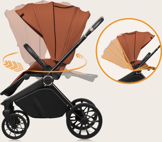 Verstelbare zonnekap van roestbruine stof op een kinderwagenframe met demonstratie van de vouwfunctie.