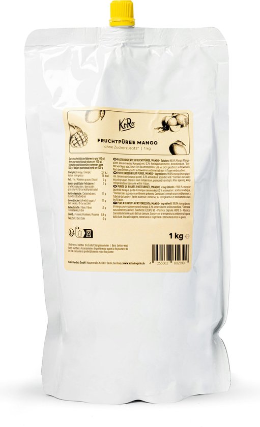 Een witte, staande pouch van 1 kg met Koro-mangopuree zonder toegevoegde suiker, met een geel draaidopje.