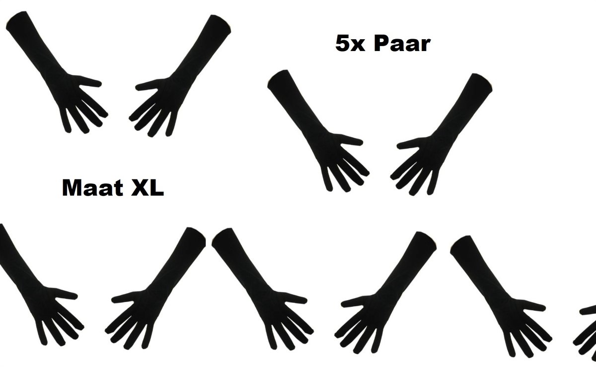 5x Paar handschoenen nylon lang zwart mt.XL – Themafeest Sinterklaas Pieten gala festival