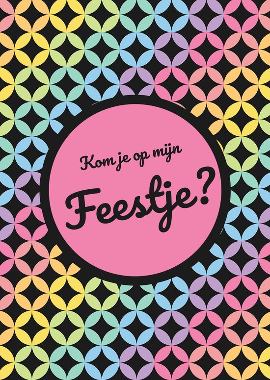 Uitnodiging met een feestelijk cirkelpatroon in pastelkleuren en de tekst 'Kom je op mijn Feestje?' in het midden.