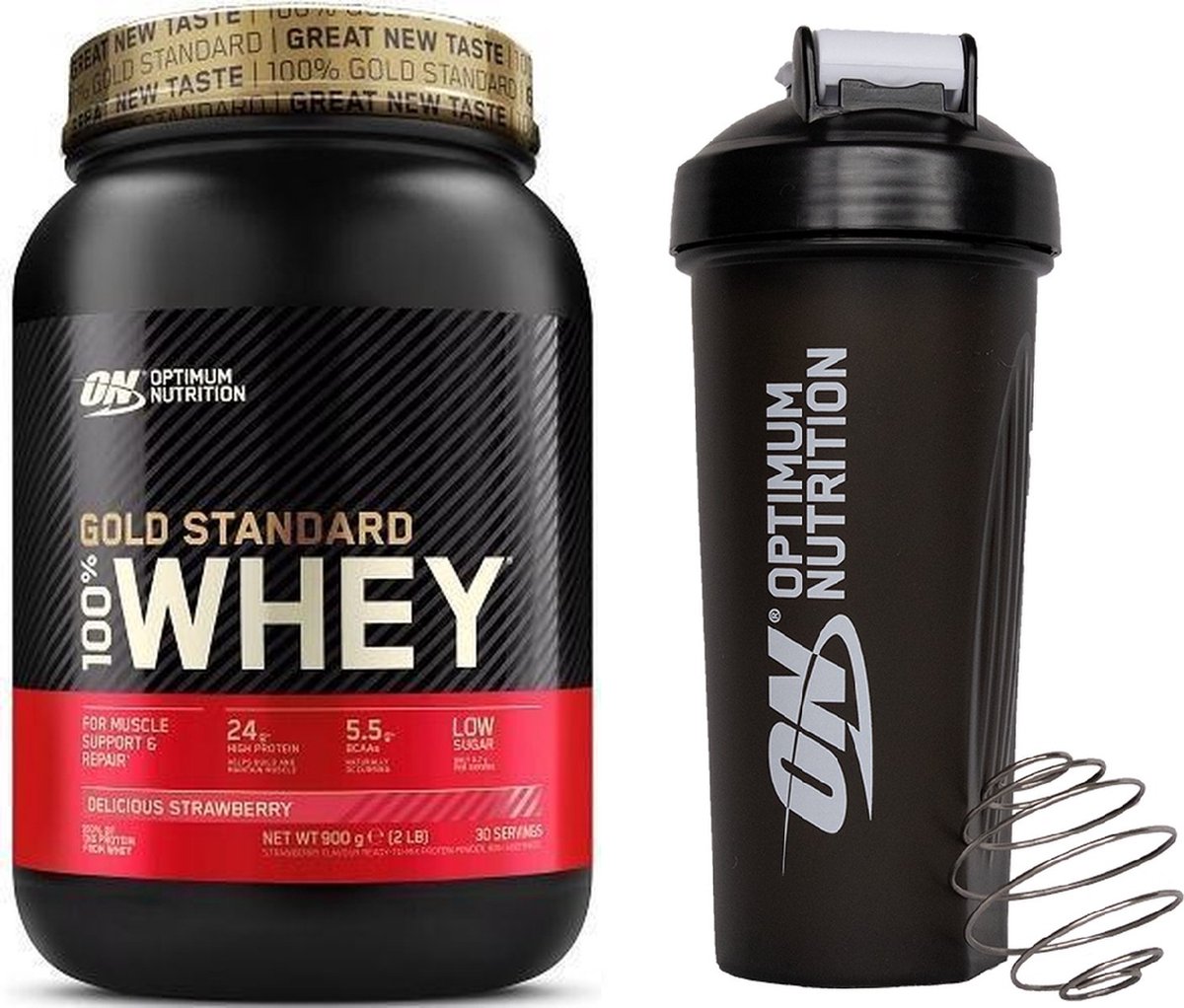Goedkoopste Optimum Nutrition Gold Standard 100 Whey Protein Bundel – Delicious Strawberry Proteine Poeder ON Shakebeker – 900 gram (28 servings