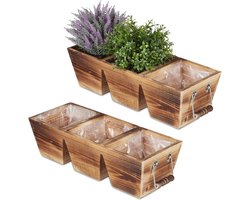 Houten plantenbak met folie - 3 vakken - langwerpig - balkonbak - vintage - natuur - afmetingen: 125 x 435 x 175 cm