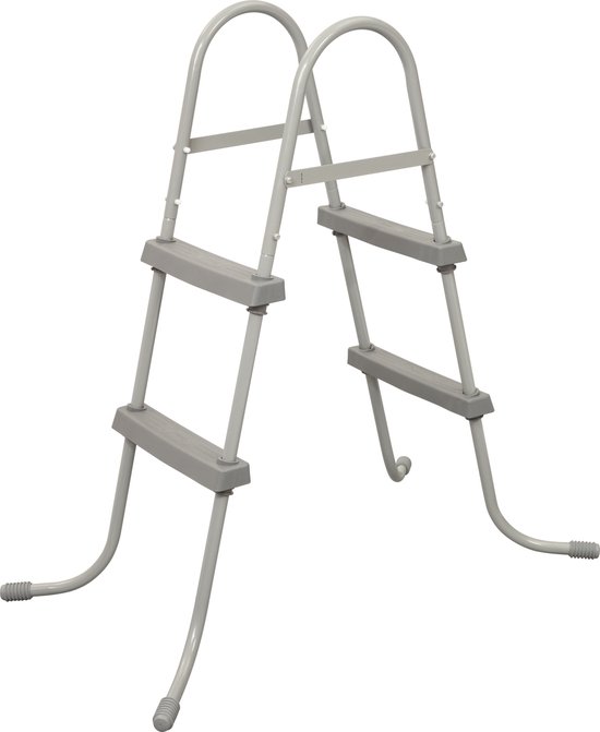 Grijze zwembadtrap met 4 treden en gebogen steunpoten.