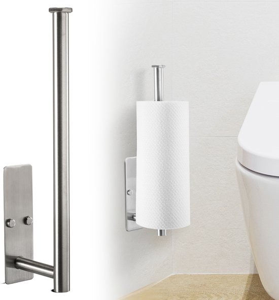 RVS WC rolhouder, los en naast een toilet, met één rol toiletpapier.