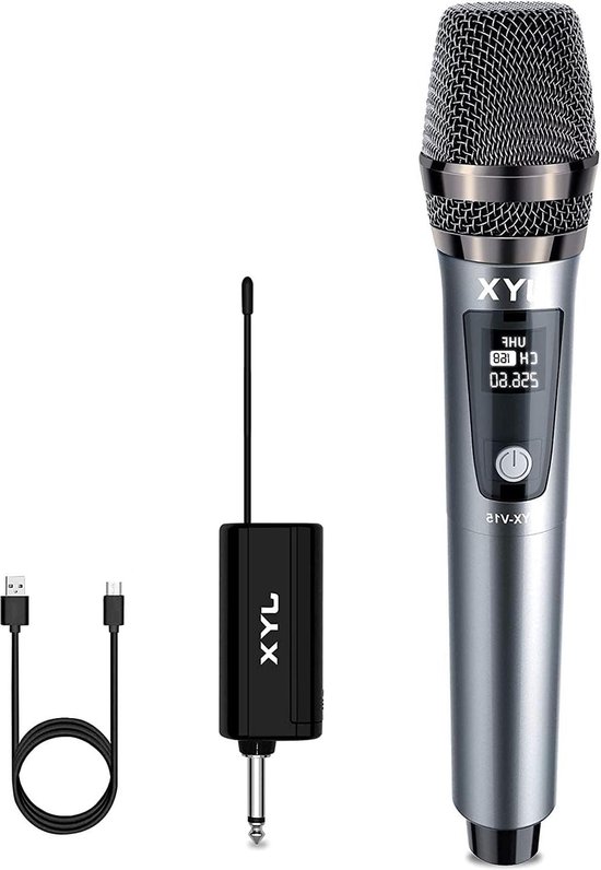 JYX Draadloze microfoon, UHF dynamische karaoke-microfoon met ontvanger, 24 m overdrachtsafstand, oplaadbaar microfoonsysteem voor karaoke-nacht, vergadering, compere, party, grijs