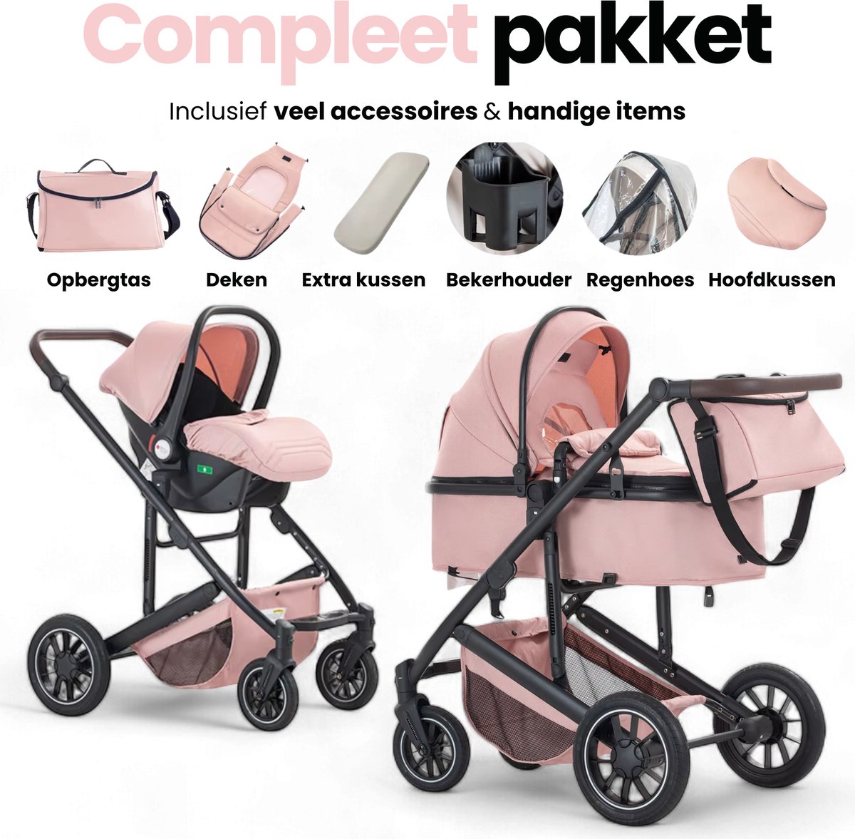 Lunola Luna 3-in-1 Kinderwagen met Autostoel - Roze - afbeelding 3