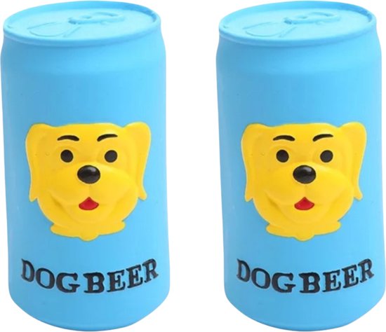 Twee blauwe blikjes met een gele hondenkop en 'DOG BEER' erop.