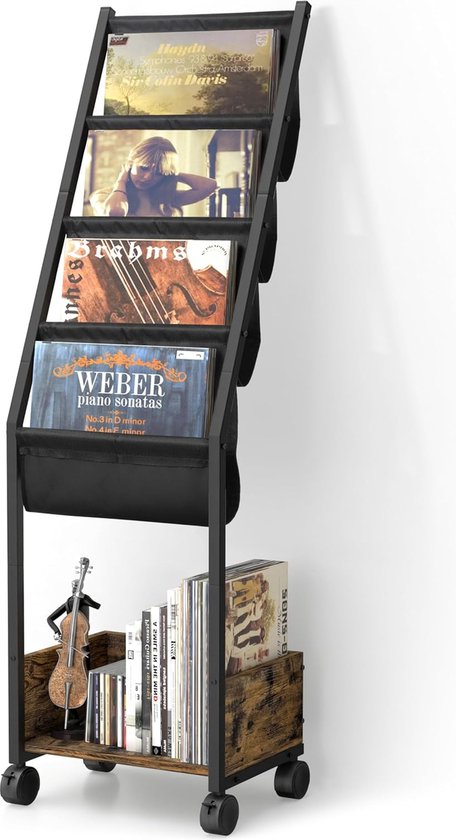 Porte-vinyles à 5 niveaux avec couvercle, disques sur les 3 étagères supérieures et livres en bas