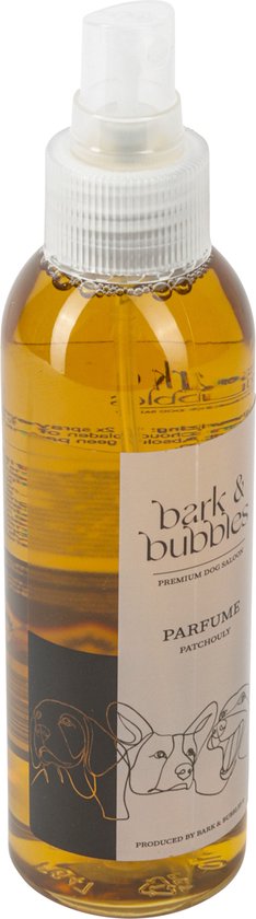 Bark & Bubbles hondenparfum spray Patchouly 150 ml. Gouden vloeistof in een doorzichtige fles met spuitdop.