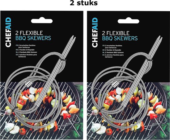 Verpakking van twee Chef Aid flexibele BBQ spiesen, met afbeelding van gevulde spiesen op een grill.