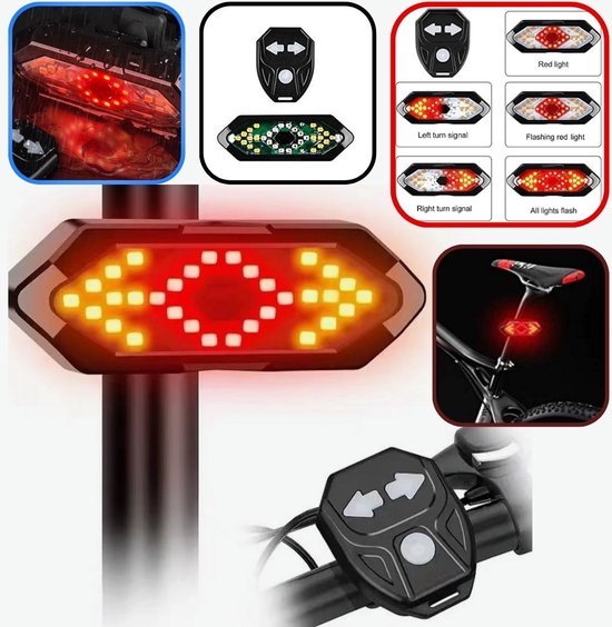 SET met Knipperend FIETS ACHTERLICHT met Geluidseffecten en Richtingaanwijzer, Draadloze Afstandsbediening, 5 Verschillende Verlichtingsmodi, USB-oplaadbaar