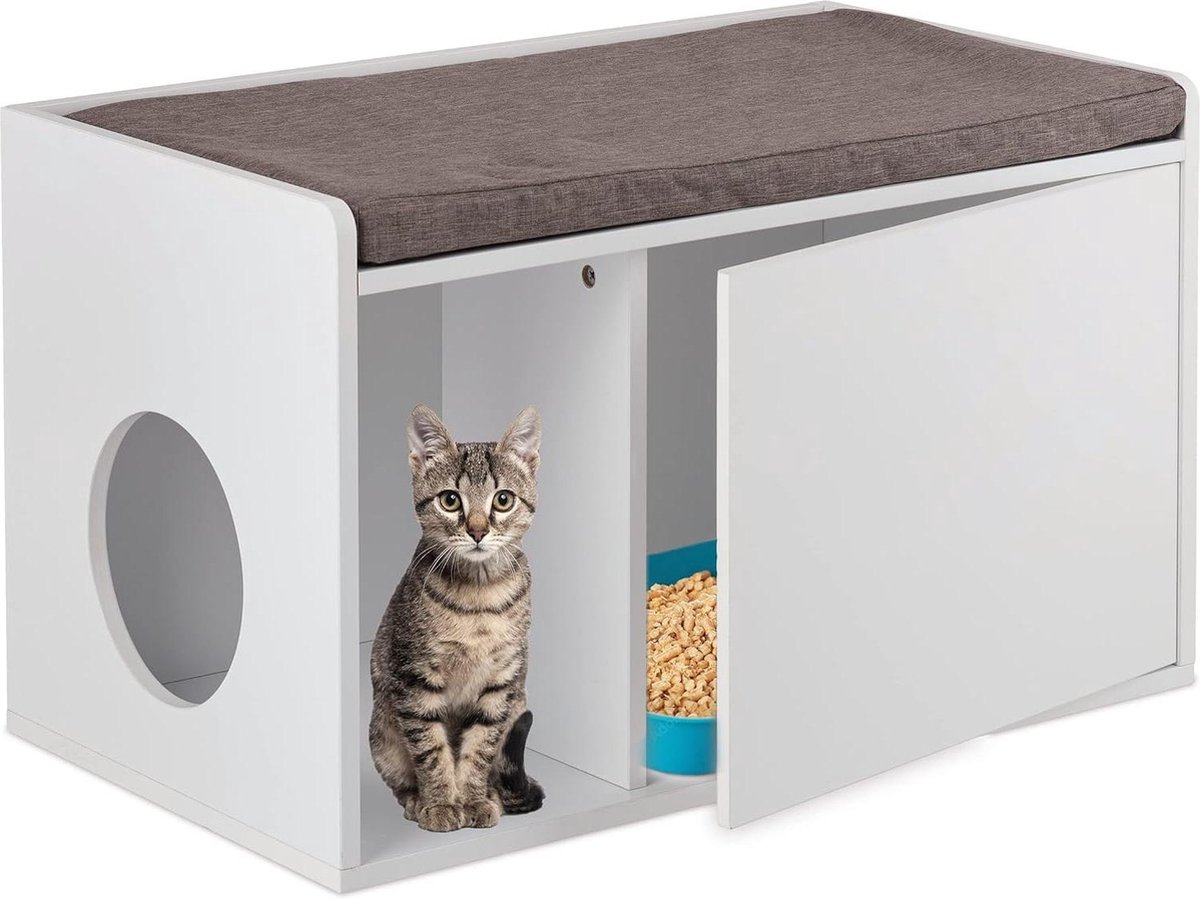 Kattenkast Ombouw Zitkussen 2in1 Kattenhuis Zitbankje HBD 455 x 75 x 43 cm Kattenmeubel Wit Grijs