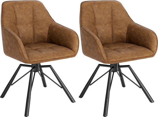 KTN® - Eetkamerstoelen set van 2 - 360 Graden Draaibare Zitting - Rugleuning - Armleuning - Fauteuil - Woonkamerstoelen - Kuipstoelen - Leer - Kunstleer - Gewatteerde Zitting - Metalen Poten - Bruin