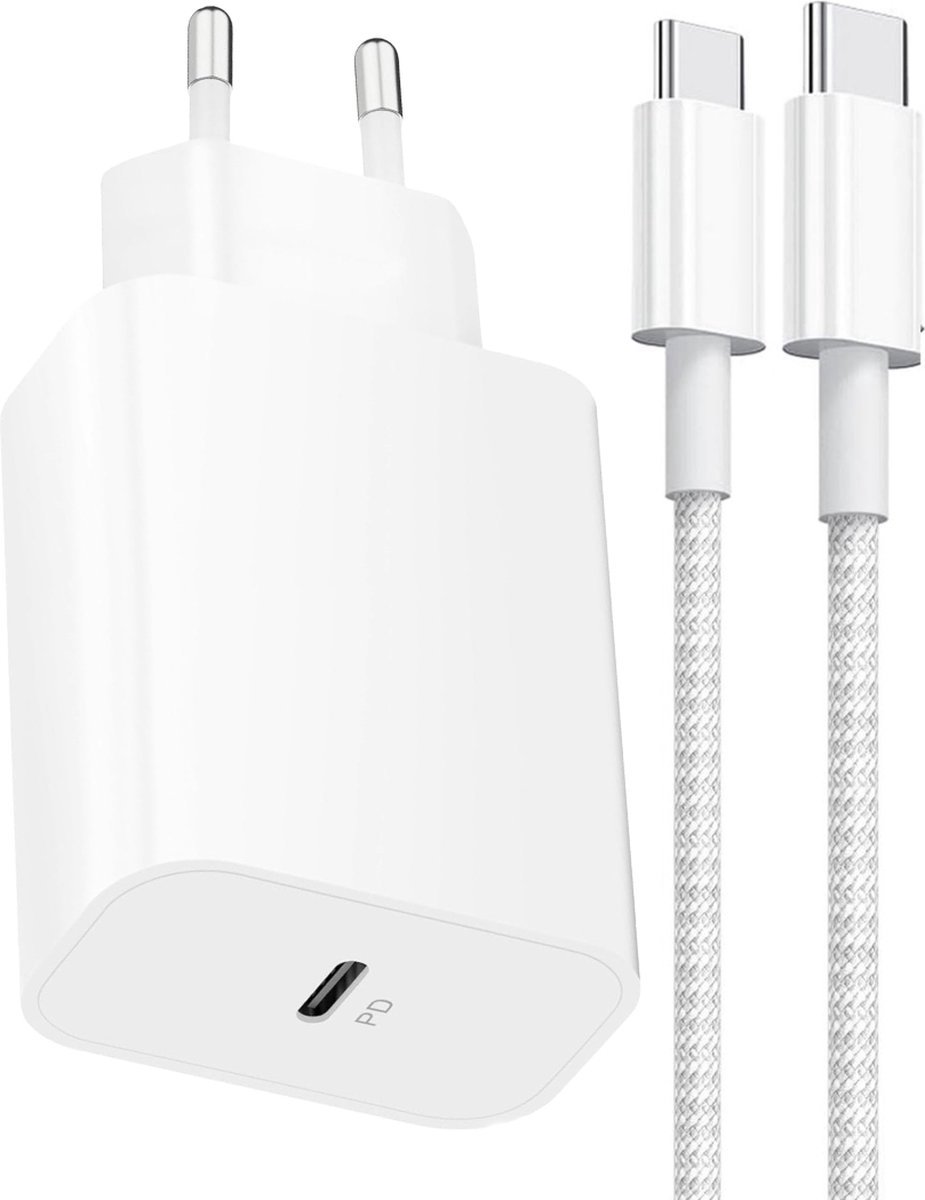 20W USB-C Power Adapter + Gevlochten Nylon USB-C naar USB-C Kabel - Snellader Apple MFI Gecertificeerd - Geschikt voor iPhone 15 / 16 / 17 Series Oplader - 1 Meter