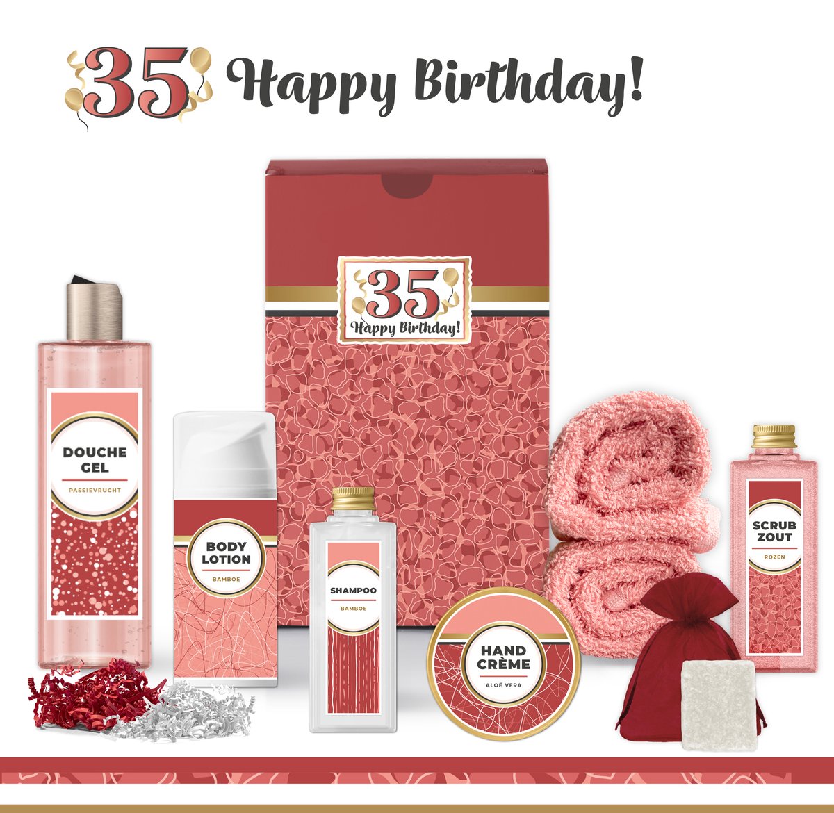 Goedkoopste Geschenkset “35 Jaar Happy Birthday!” - 8 producten - 685 gram | Giftset voor haar - Luxe wellness cadeaubox - Cadeau vrouw - Gefeliciteerd - Set Verjaardag - Geschenk jarige - Cadeaupakket moeder - Vriendin - Zus - Verjaardagscadeau - Rood