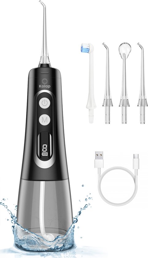 Kolap Waterflosser – 9 Standen – Monddouche – Incl. 4 opzetstukken – PREMIUM Water flosser Draadloos – Midnight Edition – Flosapparaat