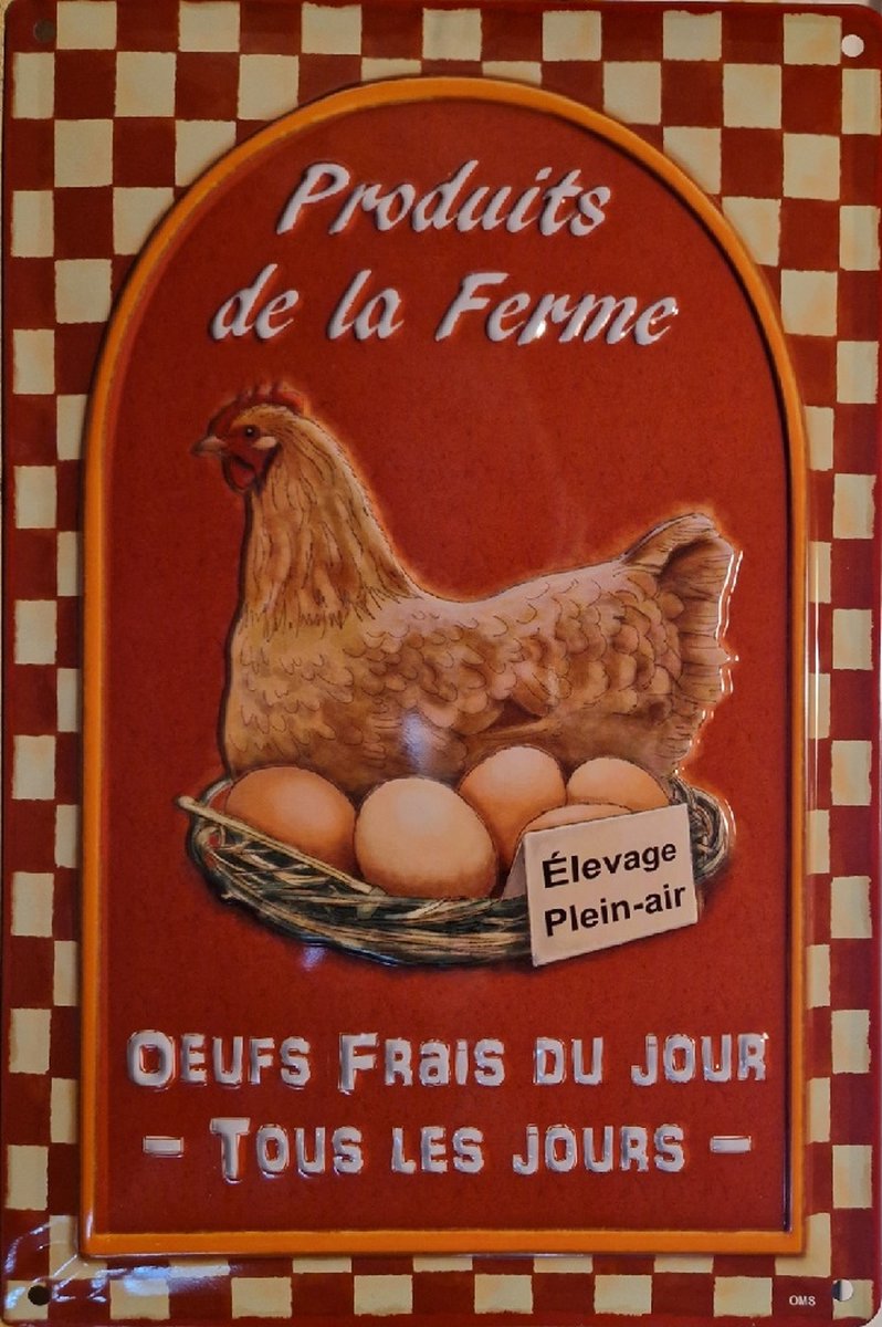 Produits de la Ferme. Metalen wandbord in reliëf 20 x 30 cm.