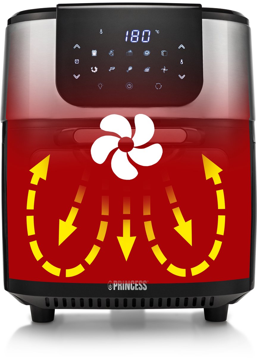 Afbeelding 3 van Princess Airfryer Oven DeLuxe 182075 - Heteluchtfriteuse - Extra groot 11 liter - PFAS vrij - 10 automatische programma's - RVS/Zwart