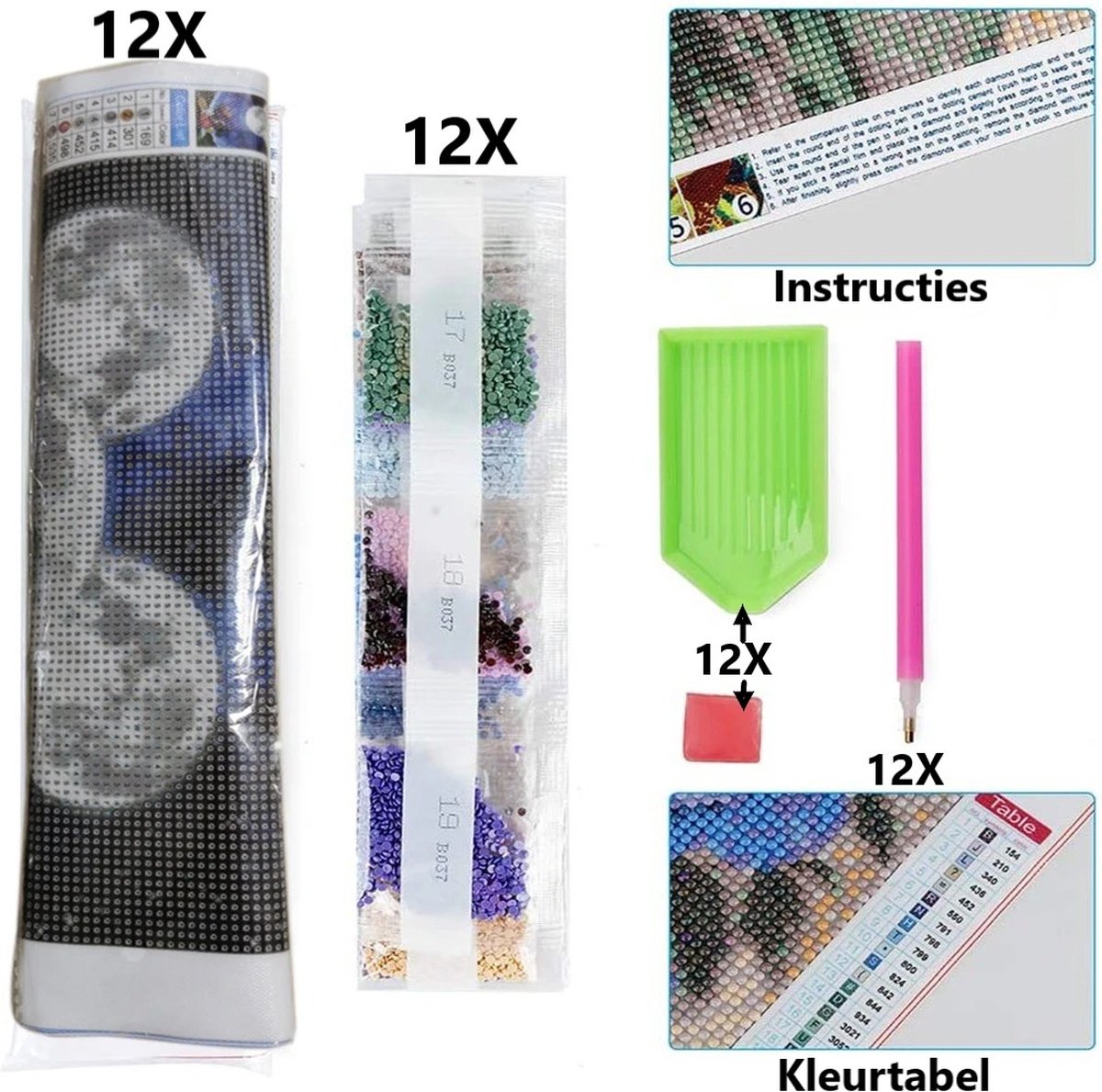 Huntex 12-Pack Diamond Painting Kit - Diamond painting Volwassenen - Diamond Painting kinderen - DIY Paint op Nummer - Ronde Steentjes voor Beginners en Gevorderden - 30x40cm — afbeelding 2