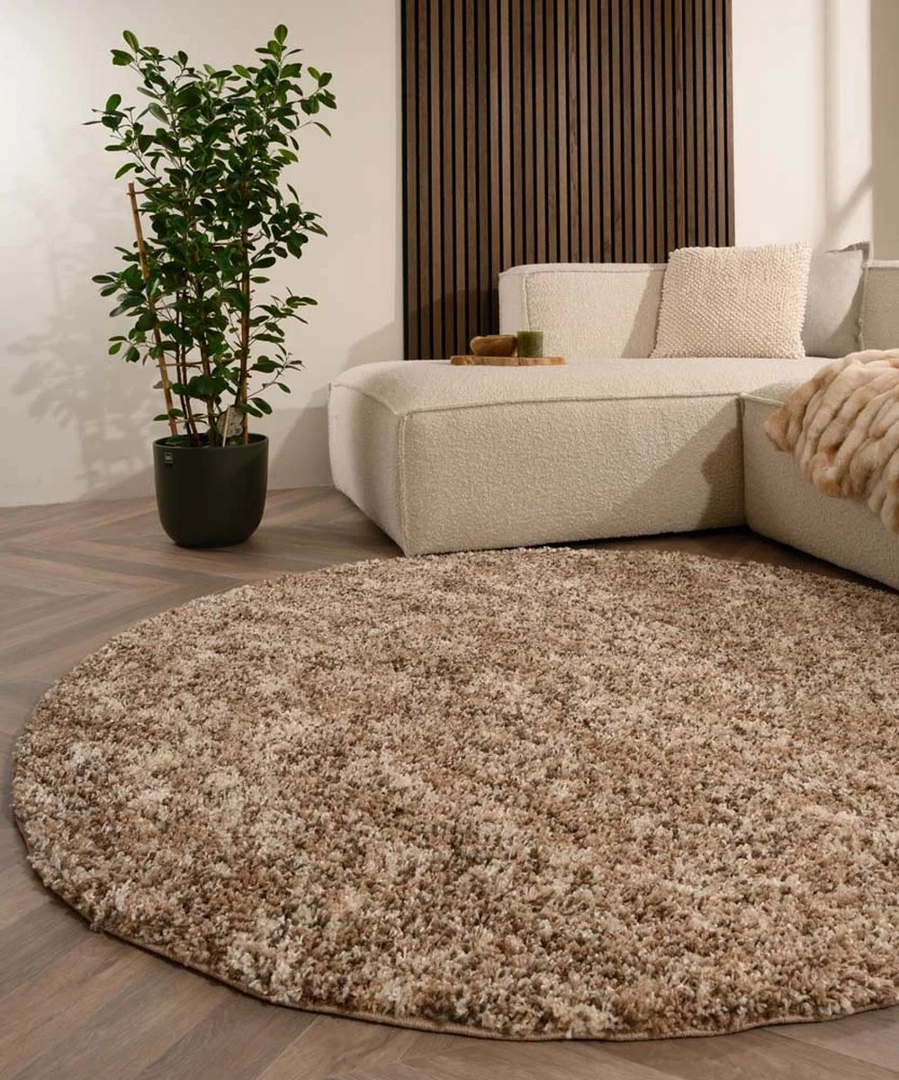 Rond hoogpolig vloerkleed - Blend beige 120 cm