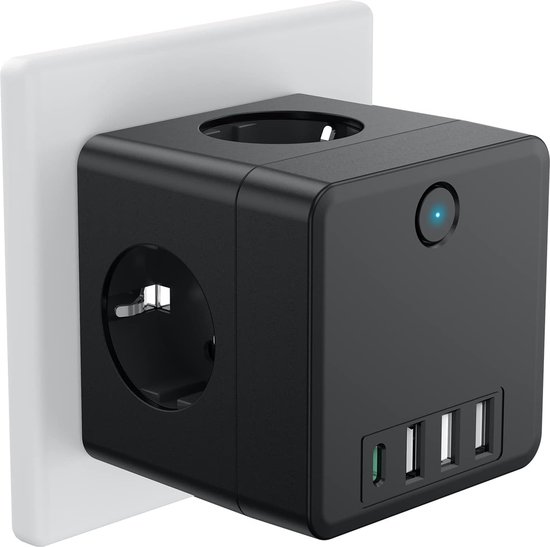 LENCENT Stekkerdoos Cube 4-Voudig met USB, 2 Meter Gevlochten Kabel Power Strip, 8-in-1 Verdeelstekker met 3 USB-A & 1 Type C, 2500W Meervoudige Verlengsnoer 250V/10A met Schakelaar, Type C/E/F, Wit