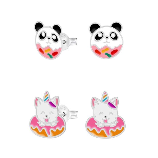 Set de boucles d'oreilles clous en argent, beignet panda et chat licorne en beignet