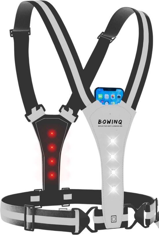 Foto: Bowinq london 200 reflecterend hardloopvest hardloop verlichting led usb c oplaadbaar telefoonhouder waterdicht nieuw