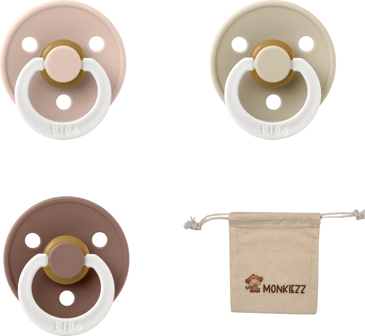 Goedkoopste Bibs fopspeen - maat 2 6-18 maanden - 3 stuks – Glow Vanilla - Glow Blush - Glow Woodchuck Monkiezz speenzakje