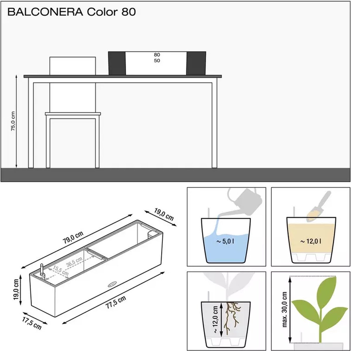 Lechuza Balconera Color 80 - Jardinière - avec pot intérieur amovible