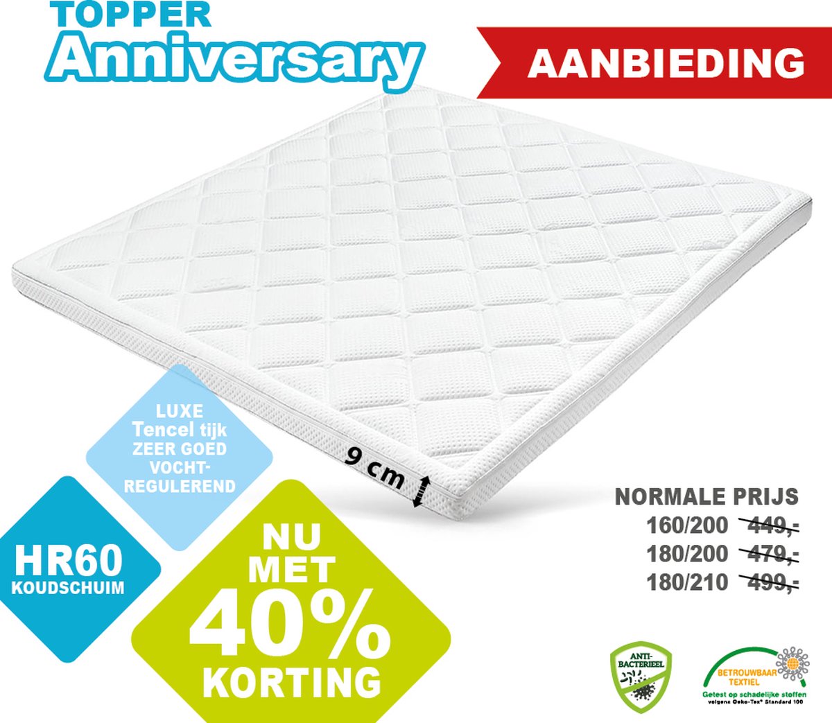 Topdekmatras/Topper Anniversery 180 x 210 Luxe Tencel Tijk 9 cm dik