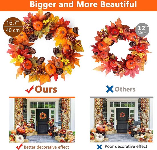 Couronne D'Automne Pour Porte 40 Cm - Décoration Halloween, Thanksgiving, Noël Avec Lumières LED - Feuilles D'érable, Citrouilles, Pommes De Pin - Intérieur Et Extérieur