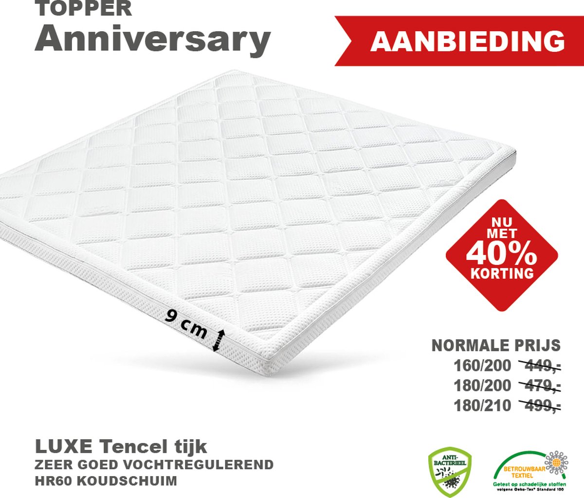 Topdekmatras/Topper Anniversery 160 x 200 Luxe Tencel Tijk 9 cm dik