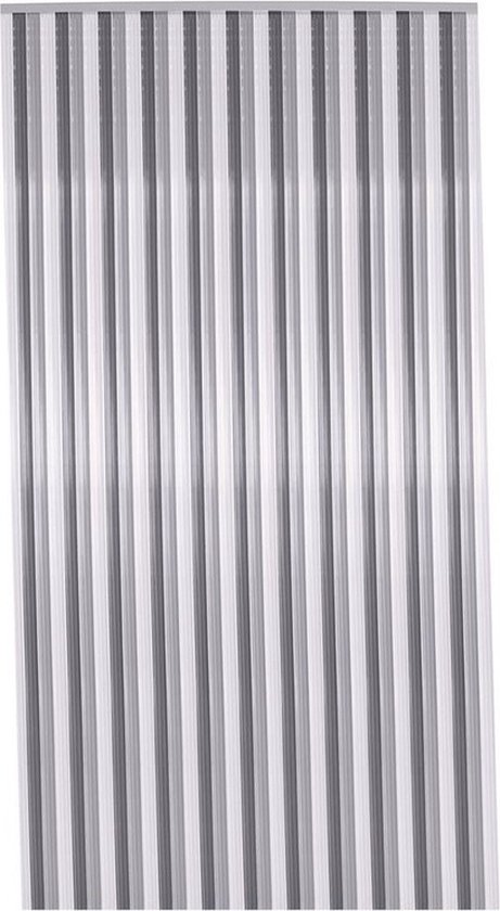 Vliegengordijn met verticale zilveren en witte strepen, 90 x 200 cm.